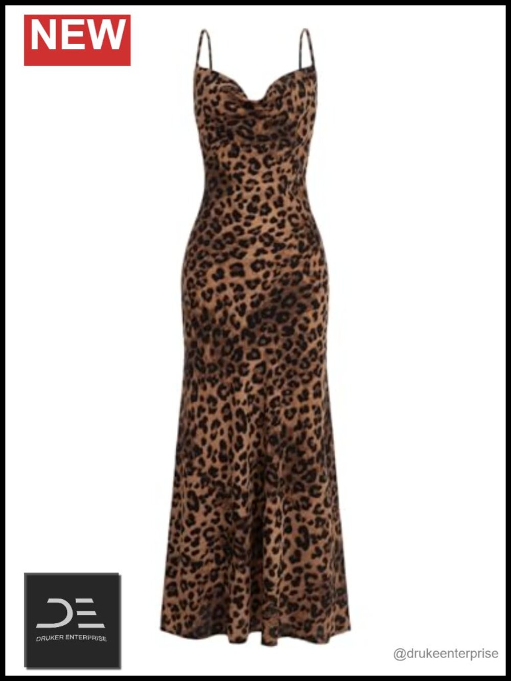 Leopard Print Spaghetti Strap Cami Maxi Dress Draped Collar